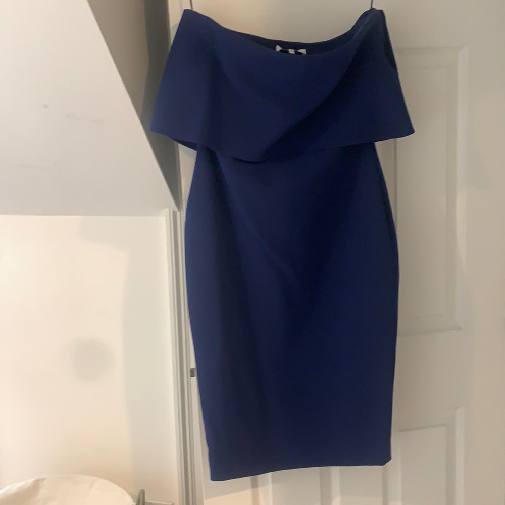 Likely NYC strapless midi dress blue